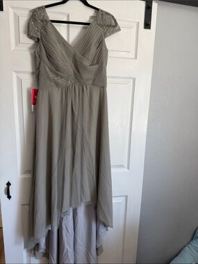 JJs House Taupe Beaded Cap Sleeve High-Low Chiffon Dress